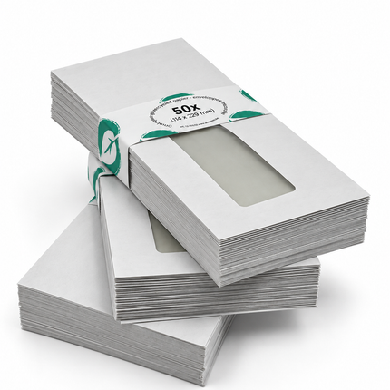 boîte de 500 enveloppes 114x229 mm, 80g - bande adhésive, fenêtre à droite