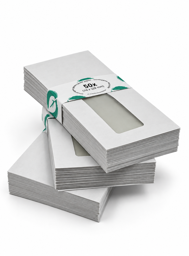 boîte de 500 enveloppes 114x229 mm, 80g - bande adhésive, fenêtre à droite