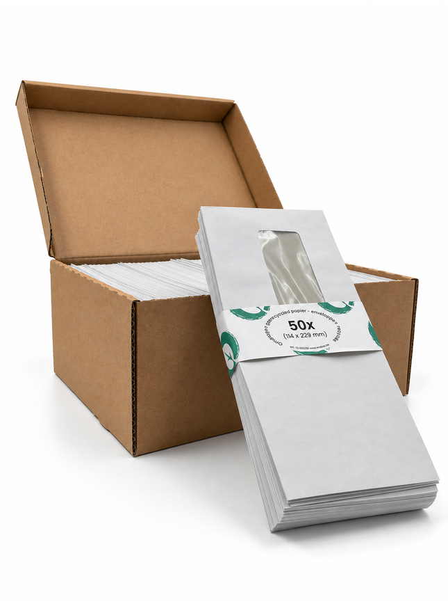 boîte de 500 enveloppes 114x229 mm, 80g - bande adhésive, fenêtre à droite