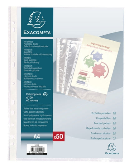 Zak 50 geperforeerde pochetten A4 glad polypropyleen (geen PVC)