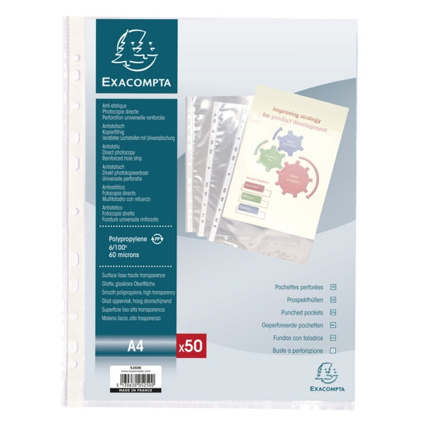 Zak 50 geperforeerde pochetten A4 glad polypropyleen (geen PVC)