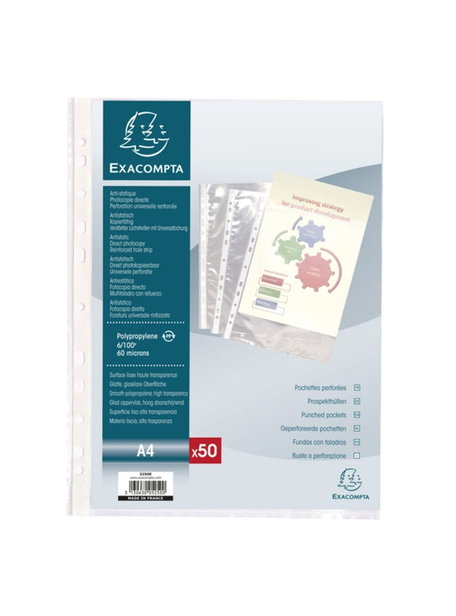 Zak 50 geperforeerde pochetten A4 glad polypropyleen (geen PVC)