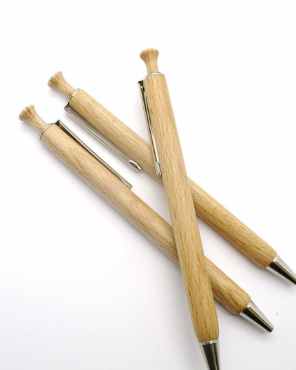 beukenhouten kogelpen - clip METALIC & schrift BLAUW
