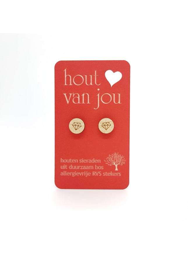 Houten oorbellen - Diamant