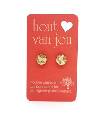 Houten oorbellen - Wereldbol