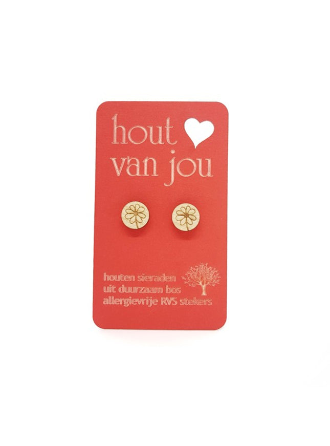 Houten oorbellen - Madeliefje