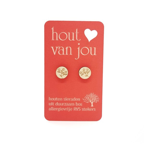 Houten oorbellen - Weidebloem