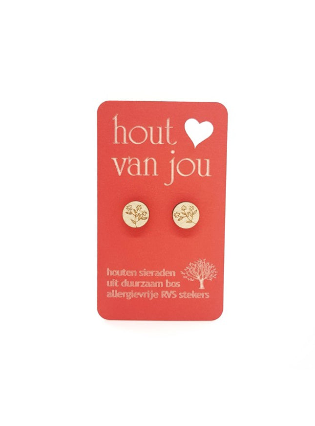 Houten oorbellen - Weidebloem