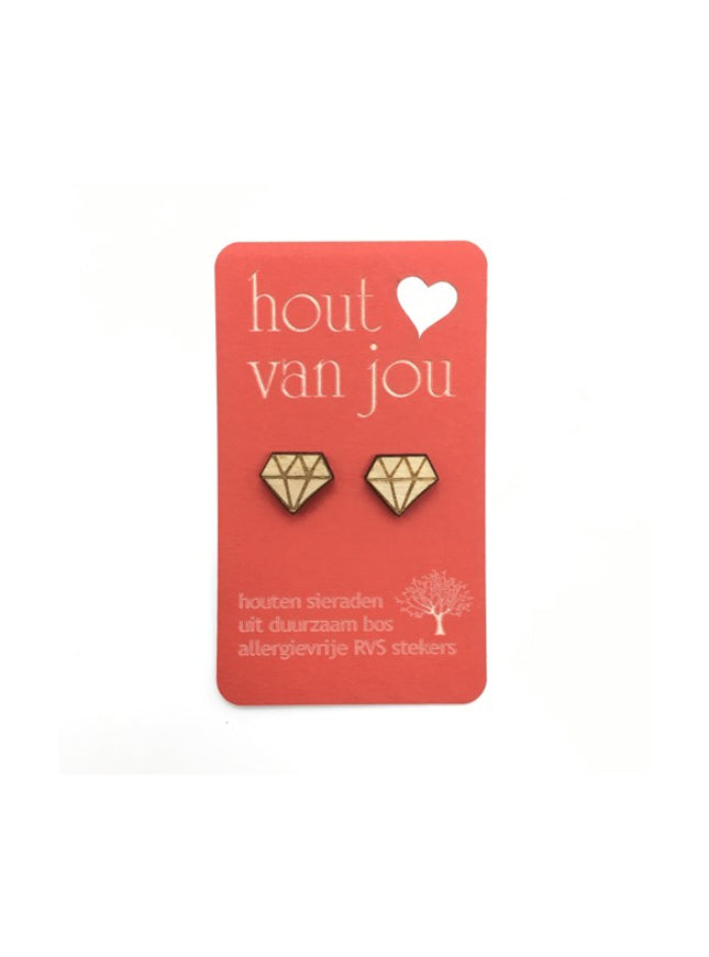 Houten oorbellen - Diamant 2
