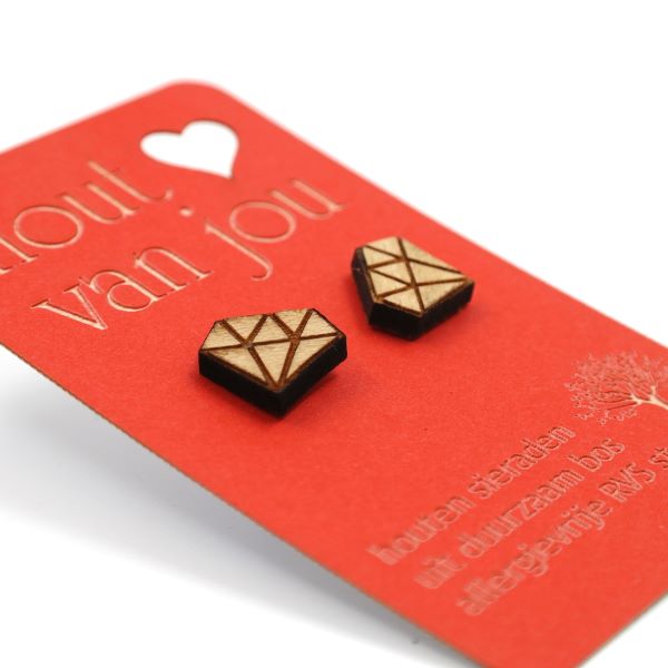 Houten oorbellen - Diamant 2