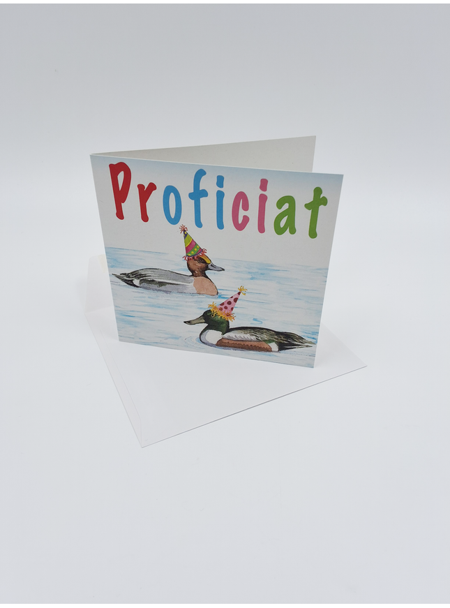 Vierkante wenskaart eenden, "Proficiat" (F04019)