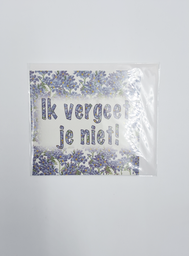 Vierkante wenskaart blauw, "Ik vergeet je niet" (F04021)