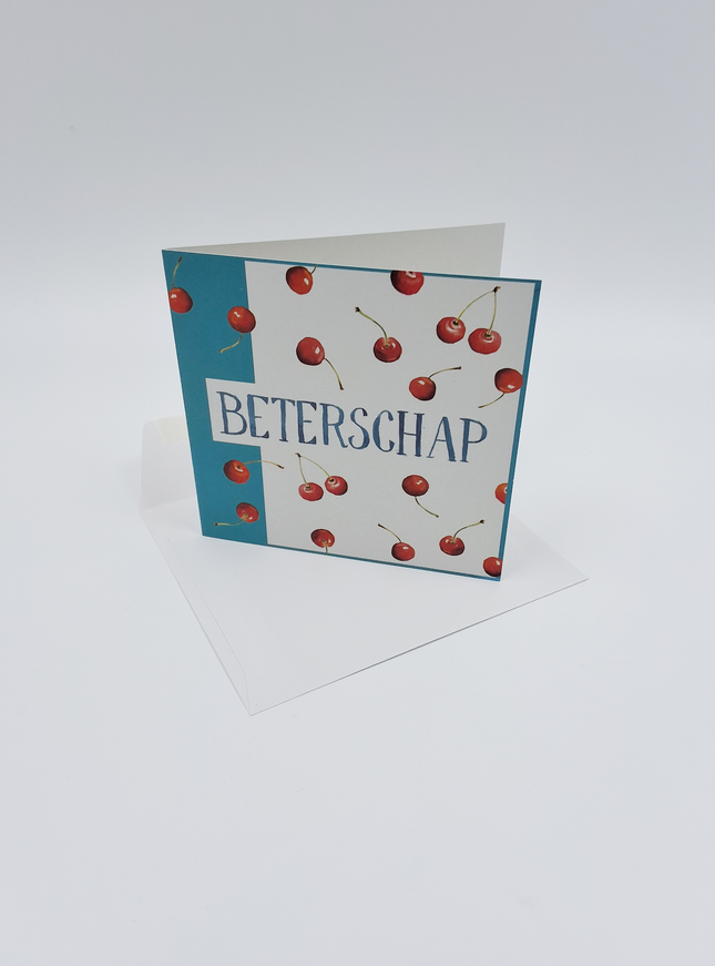 Vierkante wenskaart kersen, "Beterschap" (F04025)
