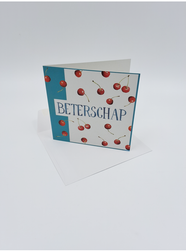 Vierkante wenskaart kersen, "Beterschap" (F04025)