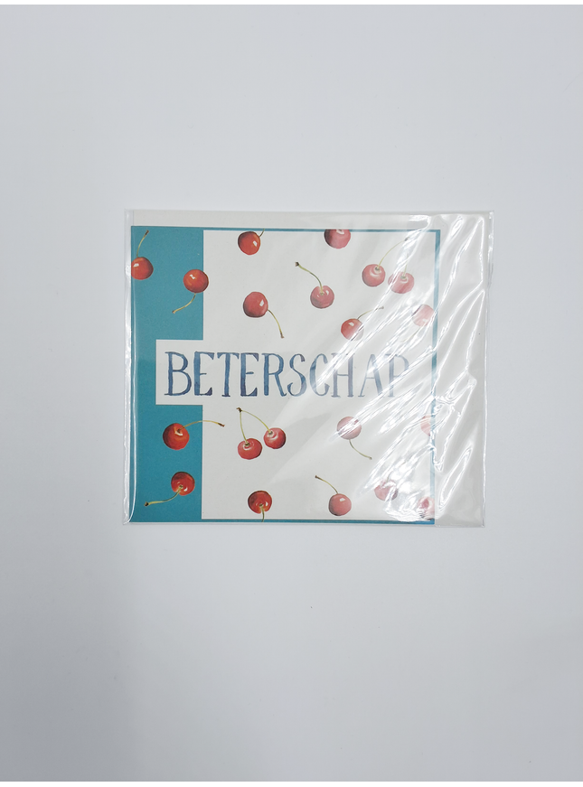 Vierkante wenskaart kersen, "Beterschap" (F04025)