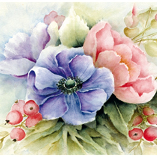 Vierkante wenskaart anemonen blauw/roze (F04032)