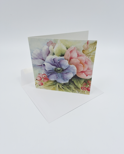 Square greeting card anemones blue/pink (F04032)