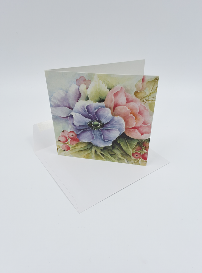 Vierkante wenskaart anemonen blauw/roze (F04032)