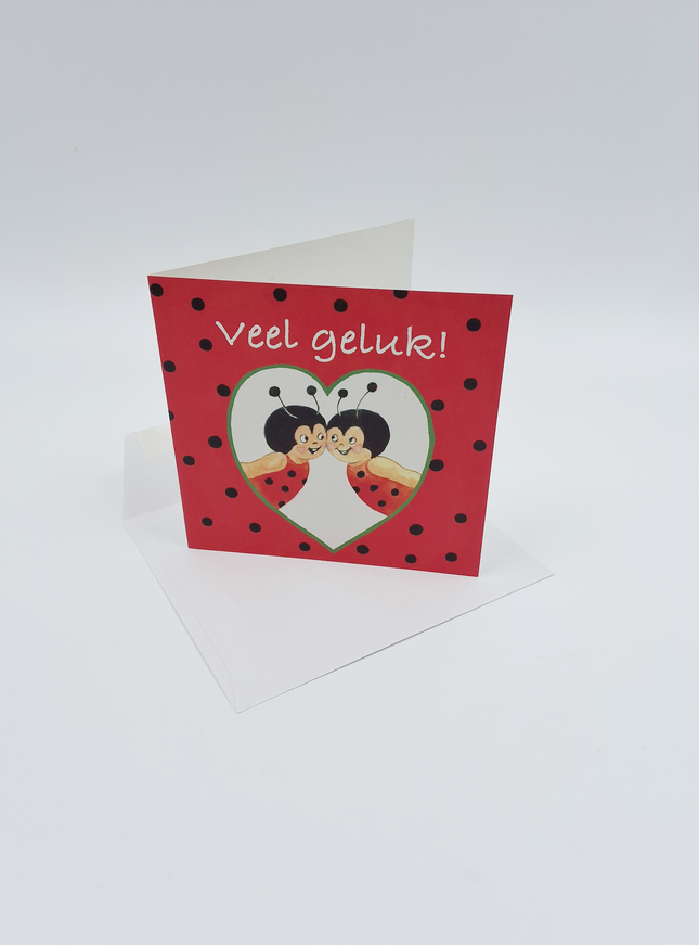 Vierkante wenskaart lieveheersbeestjes, "Veel geluk" (F04041)