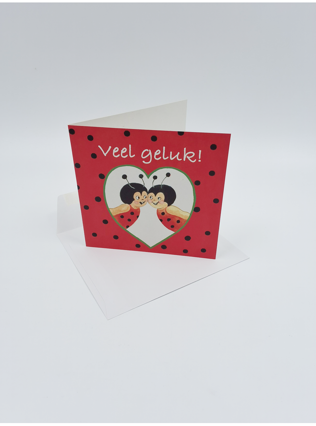 Vierkante wenskaart lieveheersbeestjes, "Veel geluk" (F04041)