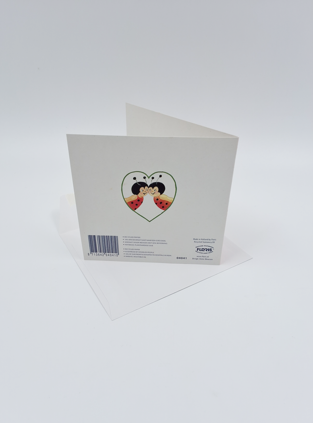 Vierkante wenskaart lieveheersbeestjes, "Veel geluk" (F04041)