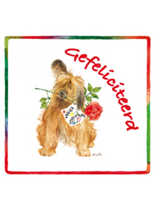 Vierkante wenskaart hond roos, "Gefeliciteerd" (F04047)