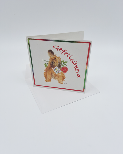 Vierkante wenskaart hond roos, "Gefeliciteerd" (F04047)