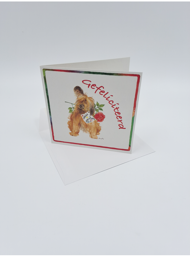 Vierkante wenskaart hond roos, "Gefeliciteerd" (F04047)