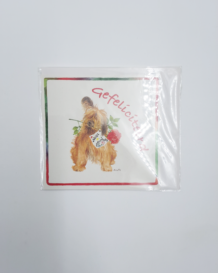 Vierkante wenskaart hond roos, "Gefeliciteerd" (F04047)