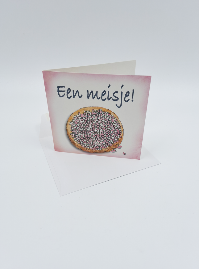 Vierkante wenskaart geboorte beschuit, "Een meisje" (F04048)