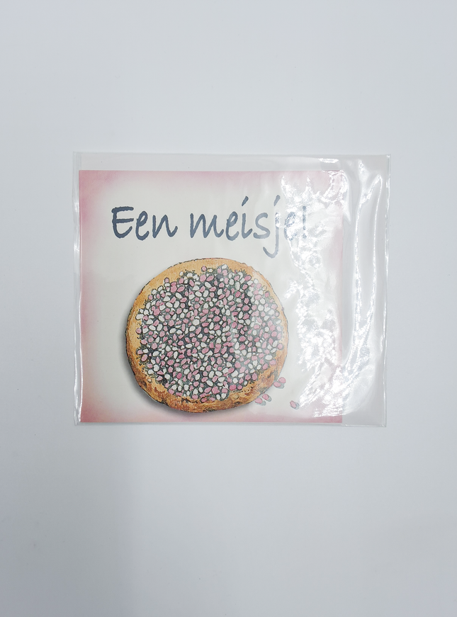 Vierkante wenskaart geboorte beschuit, "Een meisje" (F04048)