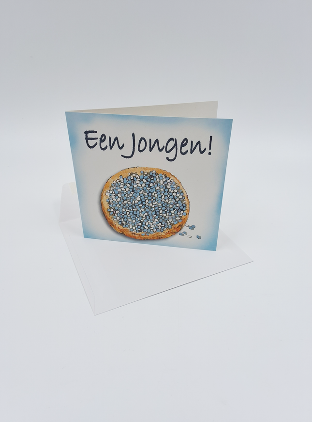 Vierkante wenskaart geboorte beschuit, "Een jongen" (F04049)