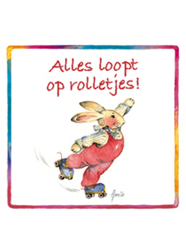 Vierkante wenskaart konijn, "Alles loopt op rolletjes" (F04051)