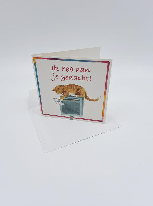 Carte de vœux carrée avec un chat, « Je pensais à toi »