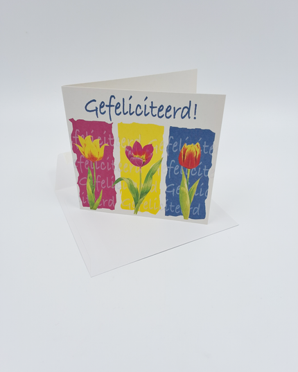 Vierkante wenskaart tulpen, "Gefeliciteerd!" (F04056)