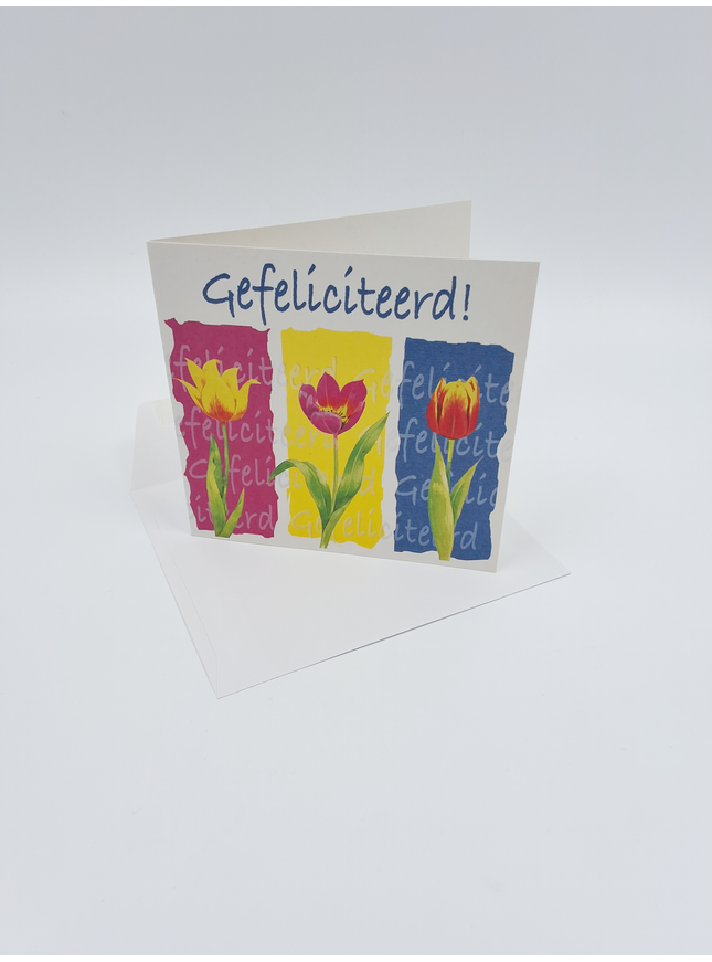 Vierkante wenskaart tulpen, "Gefeliciteerd!" (F04056)