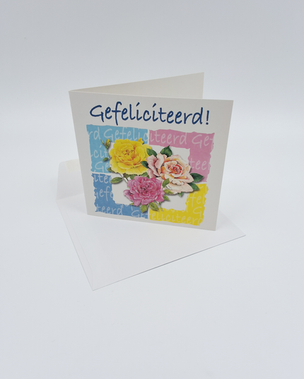 Vierkante wenskaart rozen, "Gefeliciteerd!" (F04057)