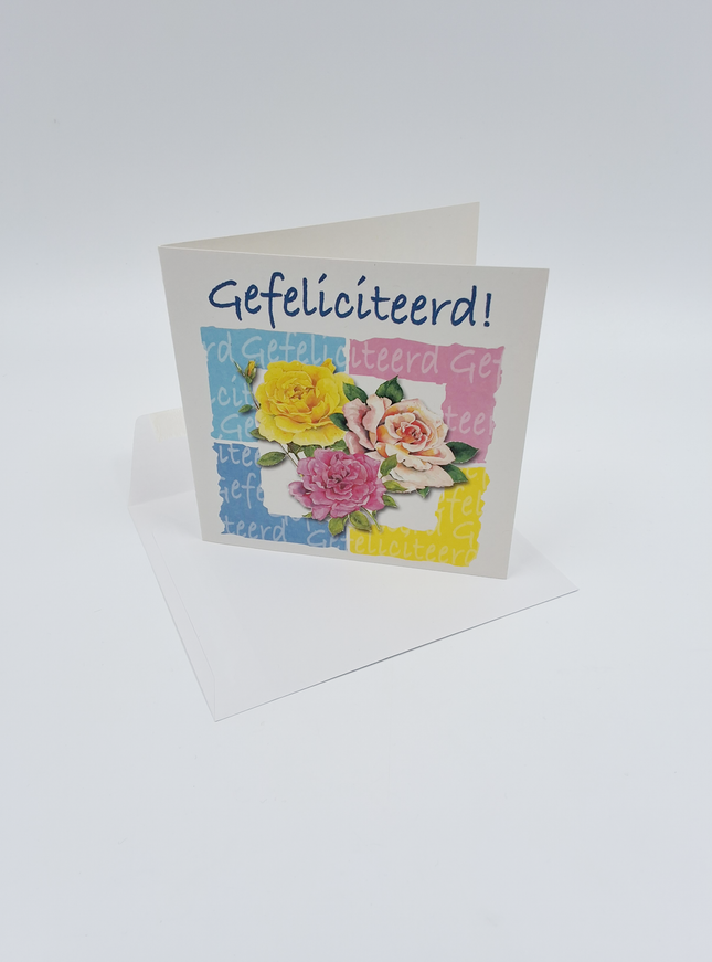 Vierkante wenskaart rozen, "Gefeliciteerd!" (F04057)