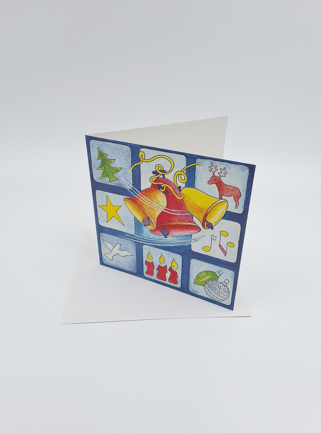 Vierkante kerstkaart kerstklokken (F04800)