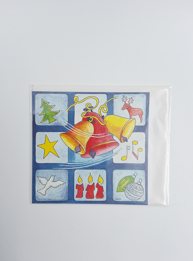 Vierkante kerstkaart kerstklokken (F04800)