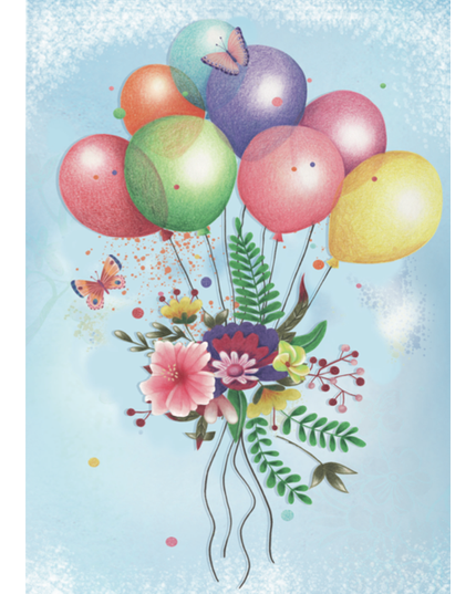 Wenskaart bloemen en ballon (F10014)