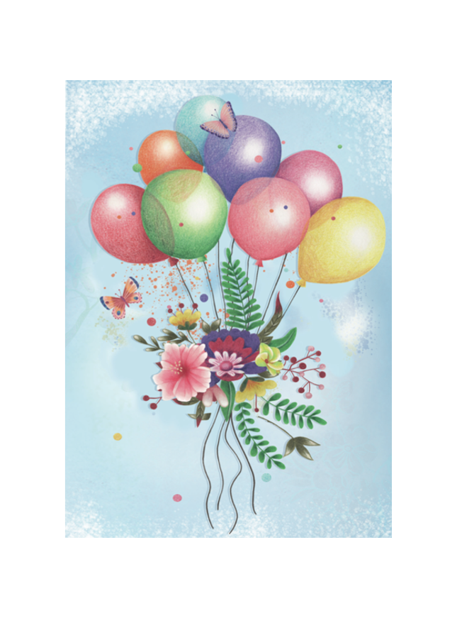 Wenskaart bloemen en ballon (F10014)
