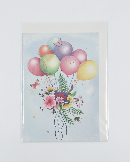 Wenskaart bloemen en ballon (F10014)