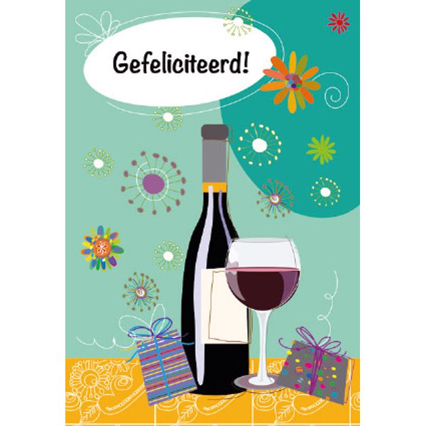 Wenskaart gefeliciteerd fles wijn (F10024)