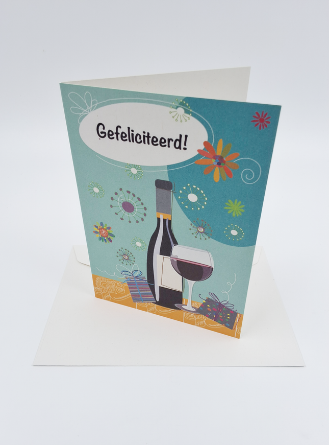 Wenskaart gefeliciteerd fles wijn (F10024)