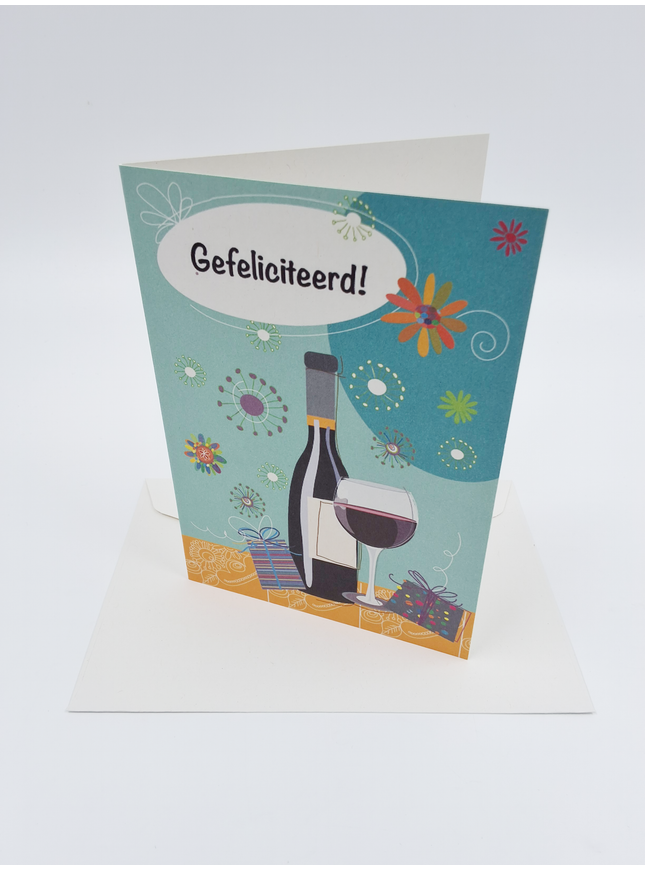 Wenskaart gefeliciteerd fles wijn (F10024)
