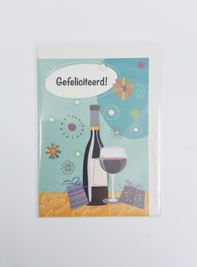 Wenskaart gefeliciteerd fles wijn (F10024)