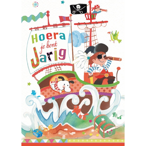 Wenskaart hoera, boot kinderen (F10032)