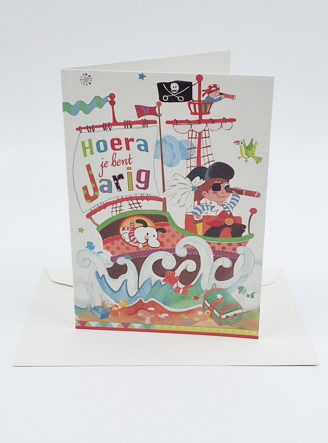 Wenskaart hoera, boot kinderen (F10032)