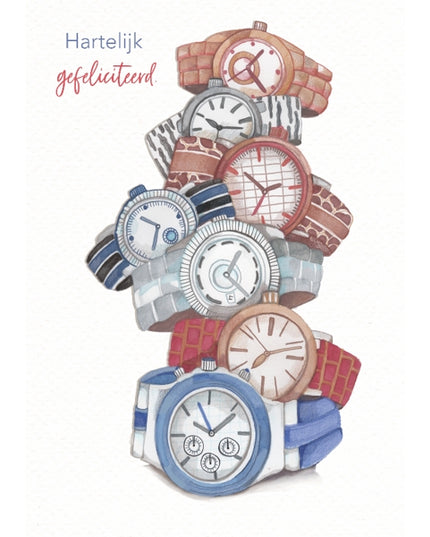 Wenskaart hartelijkgefeliciteerd, horloges (F10035)